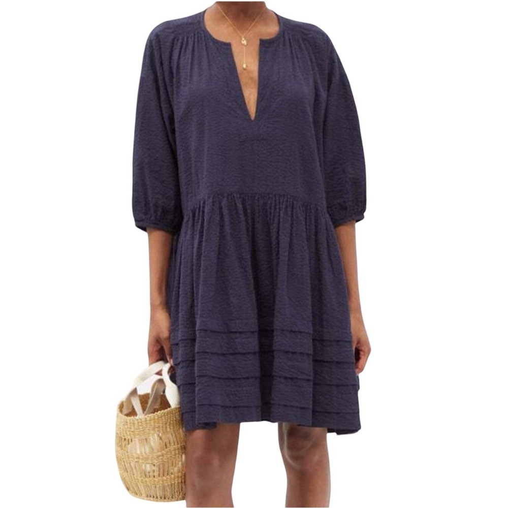 Wiggy Kit Painters Dropped-Waist Cotton-Seersucker Dress‎ Navy Women's Medium
